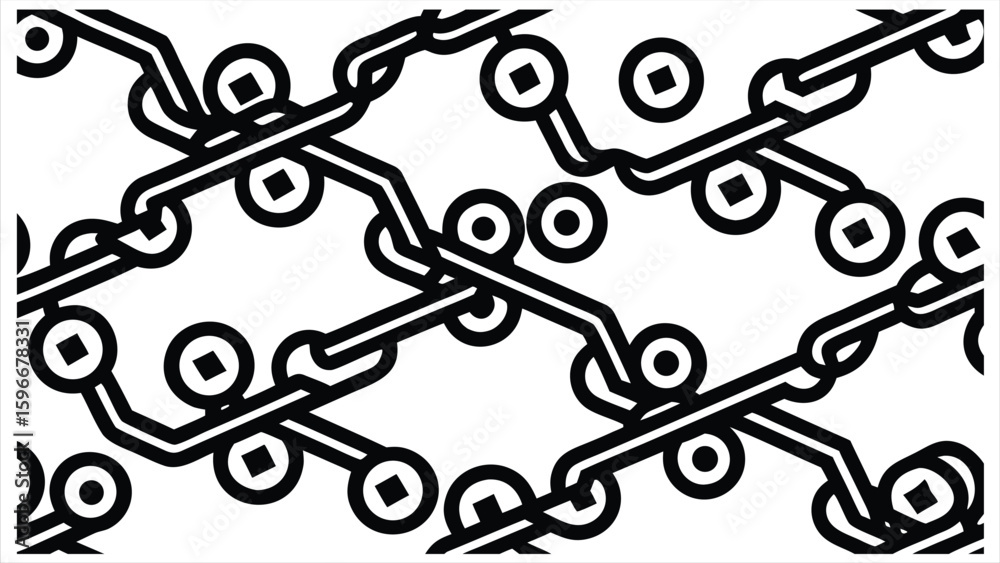 Poster intricate black and white abstract geometric pattern featuring interlocking lines and circular motif