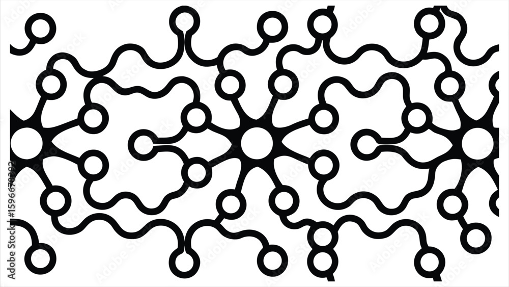 Poster intricate black and white abstract network pattern with repeating circular and wavy elements creatin