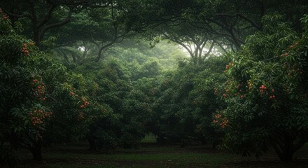 Lush lychee orchard, misty morning
