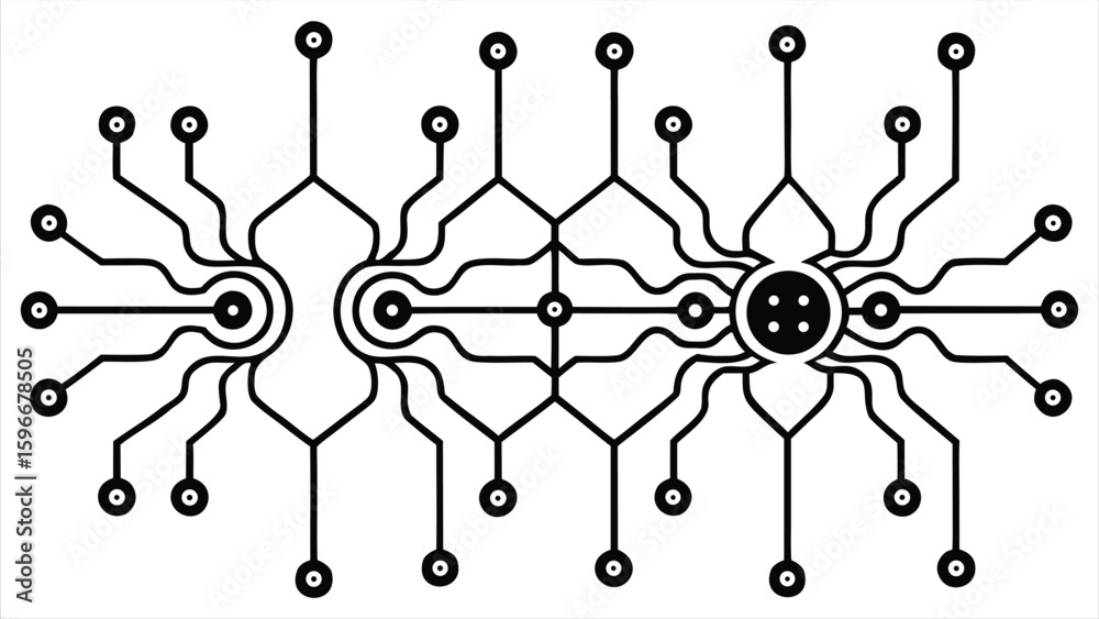 Poster abstract network diagram illustrating interconnected nodes and complex circuitry with a futuristic d
