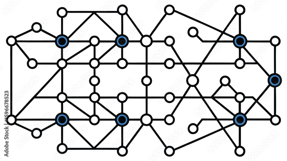 Poster abstract network diagram with highlighted nodes illustrating complex interconnections and data flow 
