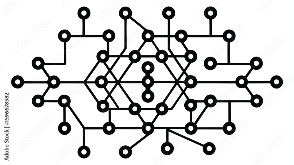 Poster intricate geometric network diagram featuring interconnected nodes and lines resembling a complex ab