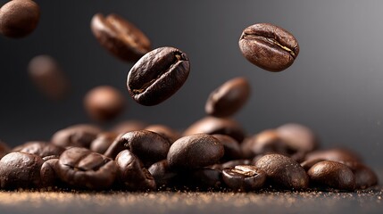 Fototapeta premium Coffee beans falling mid-air with shallow depth of field
