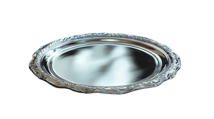 Silver platter with soft glowing fin display isolated on white background