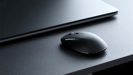 A close-up shot of a dark, ergonomic computer mouse positioned next to a portion of a silver laptop on a matte black desk.