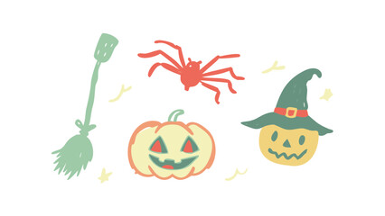 Watercolor Halloween Clipart Set with Pumpkin, Witch Hat, Broom, Bat and Spider – Hand Painted Holiday Elements on White – Generative AI