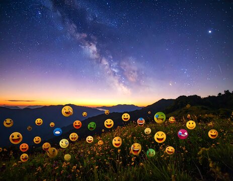 Emoji-filled mountaintop at night - Powered by Adobe