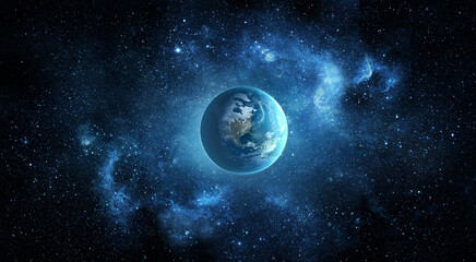 Panoramic view of the Earth, stars and galaxy. Planet Earth, view from space. Space fantasy. Elements of this image furnished by NASA.