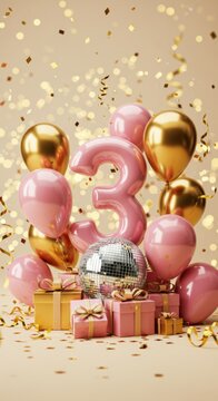 Festive third birthday celebration with balloons and gift boxes