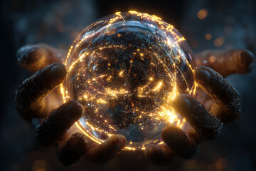 Hands holding glowing sphere with network connections representing global technology