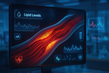 Lipid levels and artery blockage visualized on digital medical monitor showing cholesterol buildup and heart health data in futuristic clinical setting