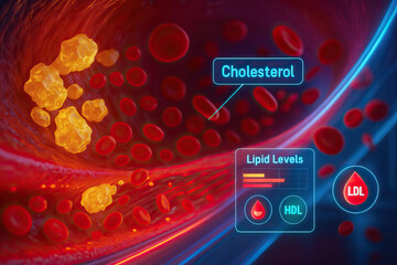 Fototapeta premium Cholesterol particles and red blood cells flow through blood vessel with digital lipid level indicators showing HDL and LDL levels in medical concept illustration