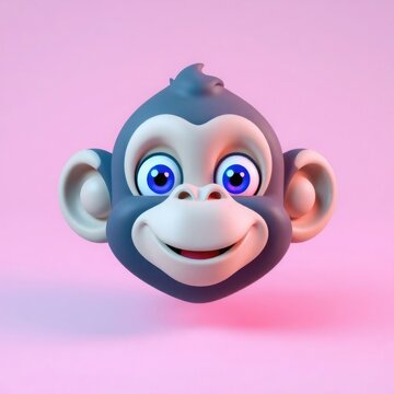Adorable 3d cartoon monkey face with big blue eyes and a playful smile against a soft pink background