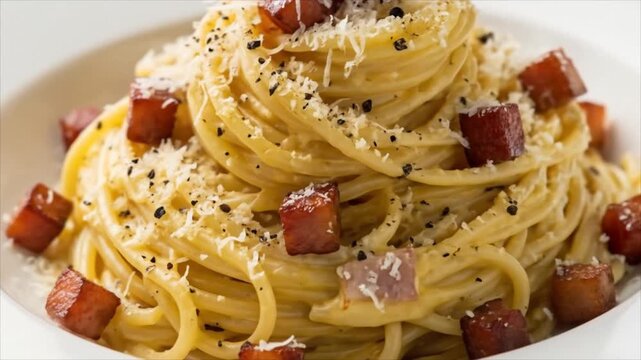 A close-up of a plate of spaghetti carbonara with bacon cubes and grated cheese.