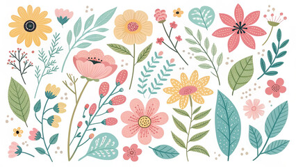 Colorful Hand-Drawn Flower Vector Set – Pastel Floral Elements