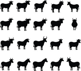 Dairy Cattle & Beef Cow Silhouettes: Comprehensive Collection of Various Breeds and Poses for Farm, Agriculture, and Livestock Designs.