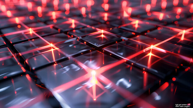 Abstract background of black squares with bright red neon light grid over them in a futuristic style