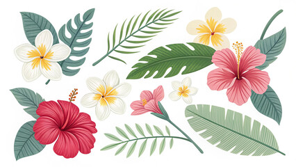 Tropical Flowers Vector Illustration – Hibiscus, Frangipani, Palm Leaves