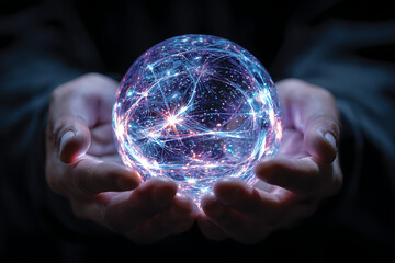 Hands holding glowing sphere with connections, network, data, and technology concept.