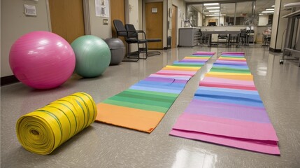 Colorful Exercise Mats and Stability Balls in a Therapy Room