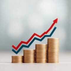 Ascending Gold Coins with Red and Blue Upward Trending Arrow Graphs
