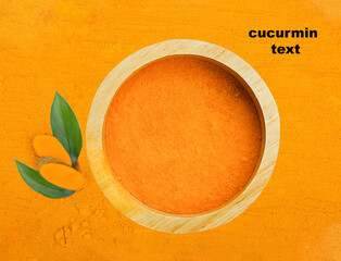 Turmeric powder and turmeric root  leaves  and space for text.