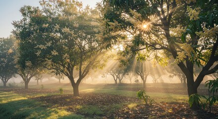 Sunrise through mango trees in misty orchard