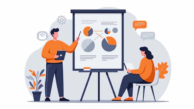 Flat vector a man is presenting charts and graphs to a woman during a business meeting, discussing strategy and planning for project development