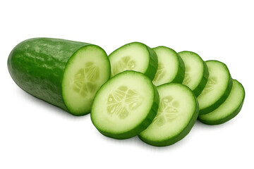 Fresh green cucumber partially sliced, revealing crisp texture against transparent background, ideal for culinary preparations
