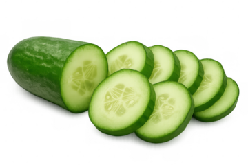 Fresh green cucumber partially sliced, revealing crisp texture against transparent background, ideal for culinary preparations
