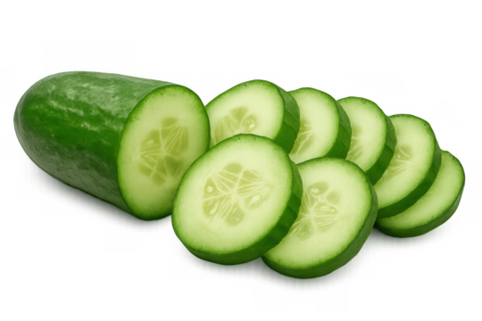 Fresh green cucumber partially sliced, revealing crisp texture against transparent background, ideal for culinary preparations