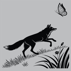 Fox Chasing Butterfly Silhouette vector design art and illustration