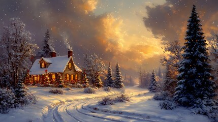 Cozy snow covered cabin with festive lights winter trees