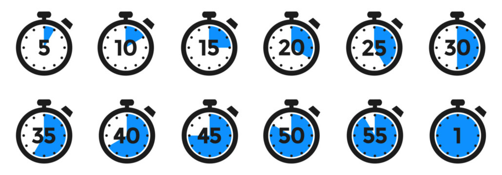 Timer clock, stopwatch set icons with different time. Countdown timer symbol icon set. Sport clock with time meaning. Label cooking symbols. Stopwatch intervals signs - vector
