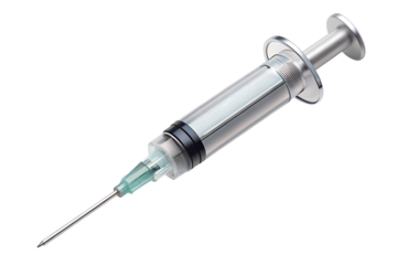 A medical syringe with a needle, filled with clear liquid, ready for injection isolated on transparent background