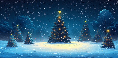 Decorated evergreen trees with golden stars and lights in snowy forest christmas trees