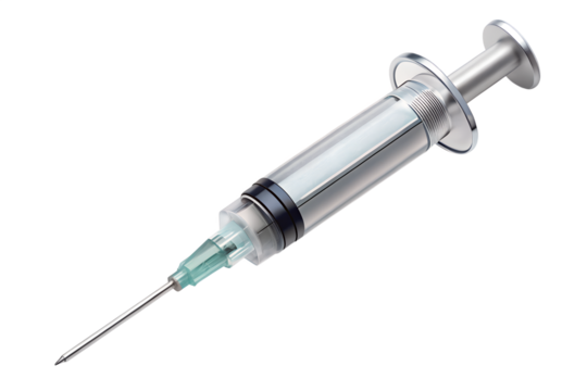A medical syringe with a needle, filled with clear liquid, ready for injection isolated on transparent background