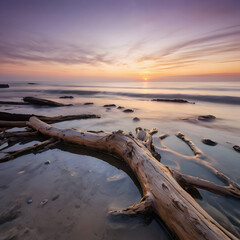 Fototapeta premium Driftwood and Sunset on Rocky Seashore