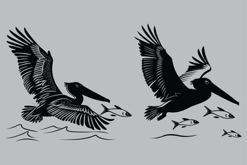 Pelican diving for fish silhouette vector design art and illustration
