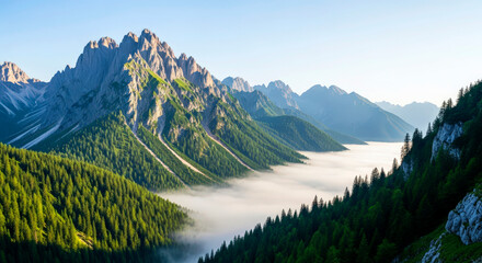 Fototapeta premium Majestic Mountain Landscape Under Clear Blue Sky and Green Forest