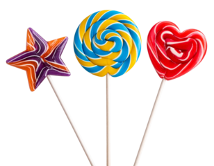  “Set of Three Different Lollipop Shapes Heart, Spiral, and Star, isolated on transparent background”.