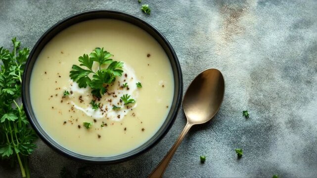 Bowl of creamy vegetable soup with cream swirl, ground pepper and fresh parsley on top. Rustic background and spoon nearby. Comfort food vibe.