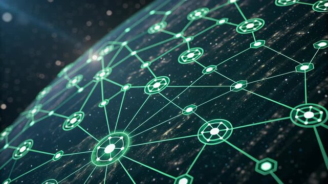 Digital Network Connectivity in Fintech Visualizing Digital Technology, Innovation, and Nodes with Glowing Lines Across Dark Space Background