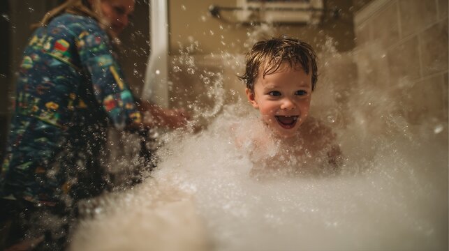 toddler splashing water wildly in bathtub, bubbles flying, parent reaching with towel, wet floor, candid home life scene, joyful and messy parenting photography 
