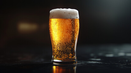 Close up of a cold glass of golden beer with bubbles and foam on a dark moody background.
