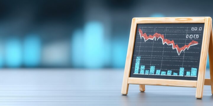 Miniature Chalkboard Showing a Declining Red Graph and Blue Bar Chart on a Gray Surface
