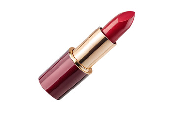 A vibrant red lipstick in a shiny gold and red tube, isolated on a transparent background