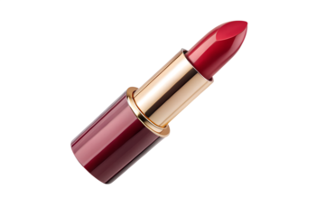 A vibrant red lipstick in a shiny gold and red tube, isolated on a transparent background