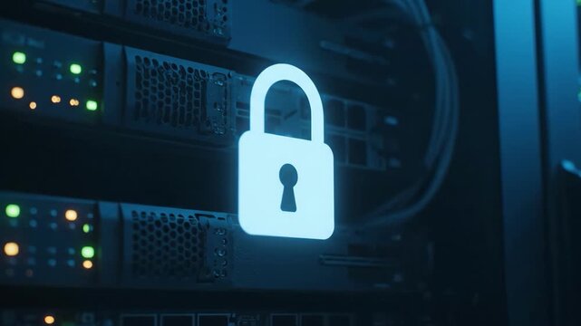 Cyber Fortress: An eye-level shot of secure server racks within a modern data center, showcasing robust data protection. A glowing padlock, symbolizing security, hovers prominently.