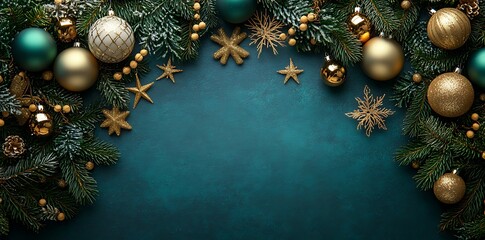 Festive evergreen branches with gold and green ornaments christmas